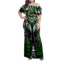 Personalised Warriors Maori Darts Family Matching Off Shoulder Maxi Dress and Hawaiian Shirt New Zealand Darts Silver Fern DT02 Mom's Dress Green - Polynesian Pride