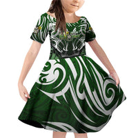 Personalised Warriors Maori Darts Family Matching Off Shoulder Short Dress and Hawaiian Shirt New Zealand Darts Silver Fern DT02 Daughter's Dress Green - Polynesian Pride