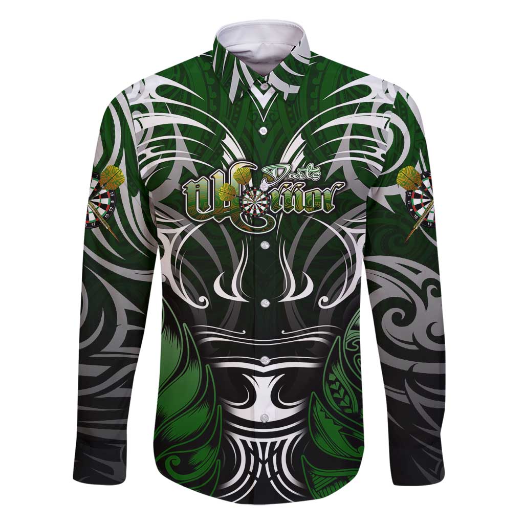 Personalised Warriors Maori Darts Family Matching Off Shoulder Short Dress and Hawaiian Shirt New Zealand Darts Silver Fern DT02 Dad's Shirt - Long Sleeve Green - Polynesian Pride