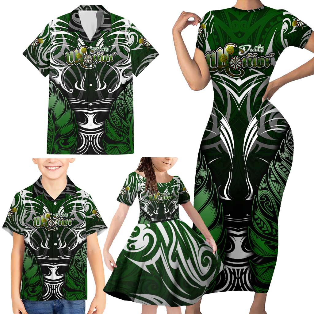 Personalised Warriors Maori Darts Family Matching Short Sleeve Bodycon Dress and Hawaiian Shirt New Zealand Darts Silver Fern DT02 - Polynesian Pride