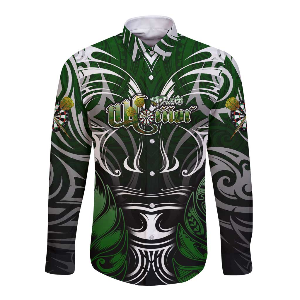 Personalised Warriors Maori Darts Long Sleeve Button Shirt New Zealand Darts Silver Fern DT02 Unisex Green - Polynesian Pride