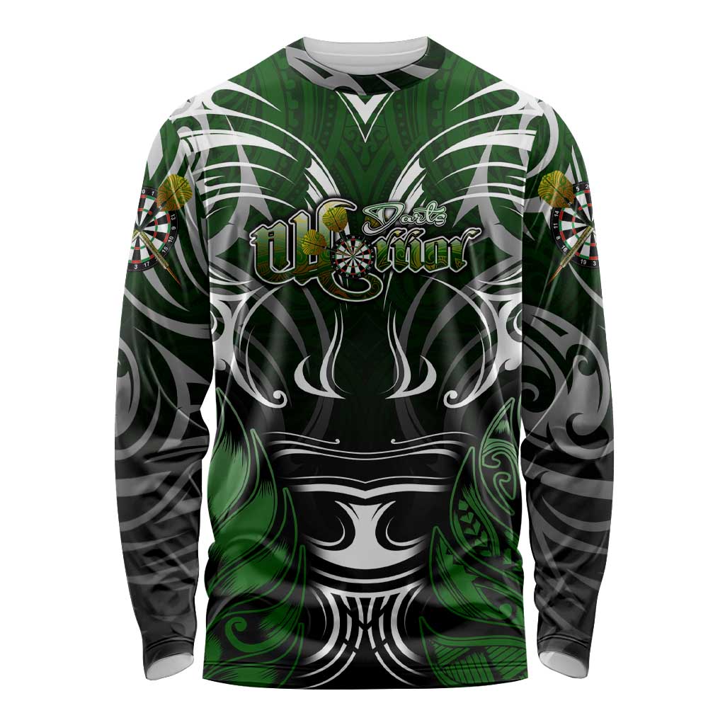 Personalised Warriors Maori Darts Long Sleeve Shirt New Zealand Darts Silver Fern DT02 Unisex Green - Polynesian Pride