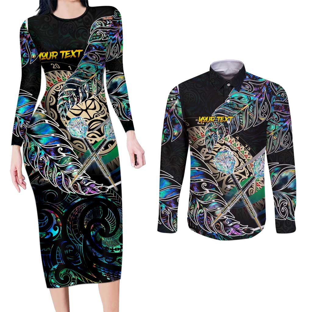 Personalised New Zealand Darts Couples Matching Long Sleeve Bodycon Dress and Long Sleeve Button Shirt NZ Paua Shell Maori Fern