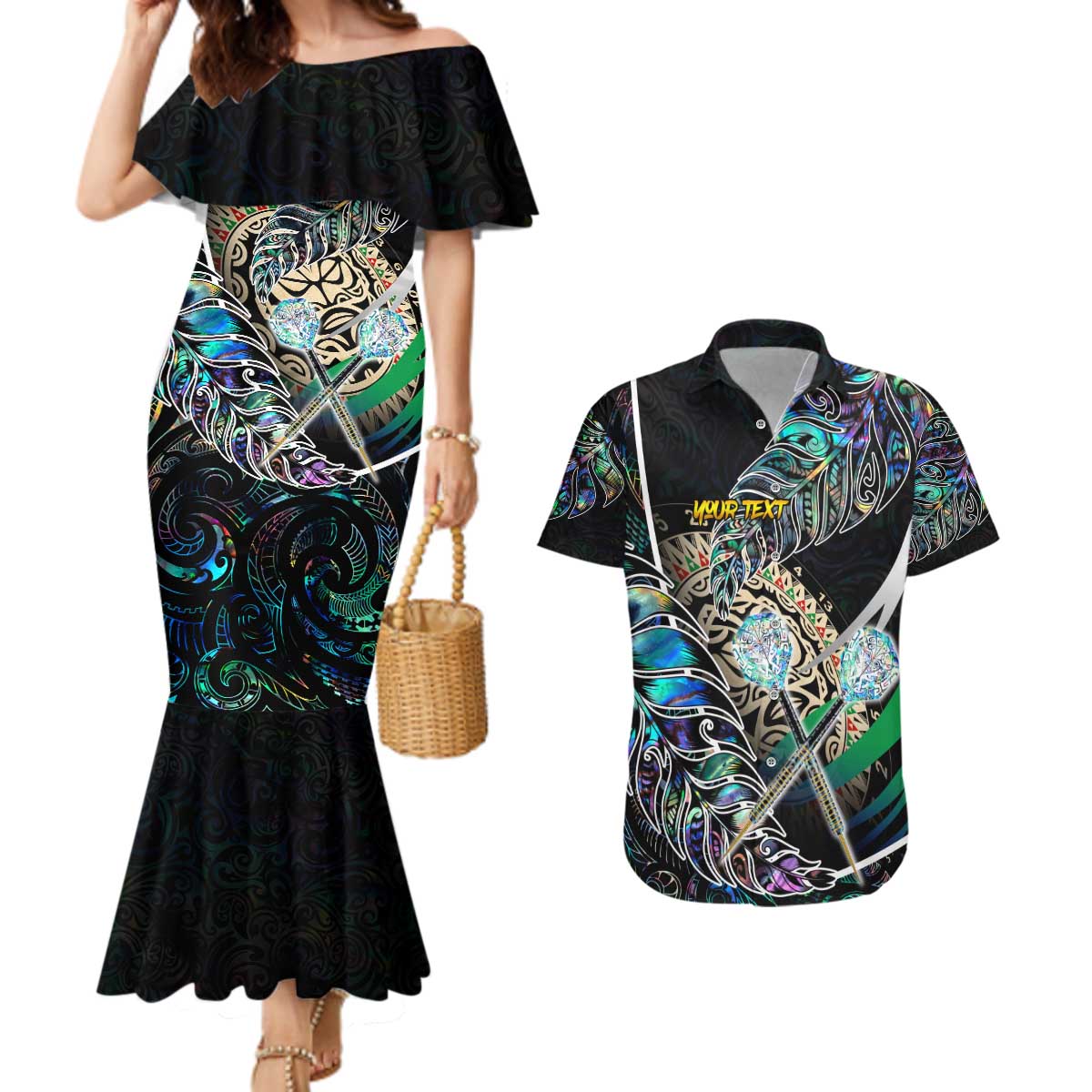 Personalised New Zealand Darts Couples Matching Mermaid Dress and Hawaiian Shirt NZ Paua Shell Maori Fern