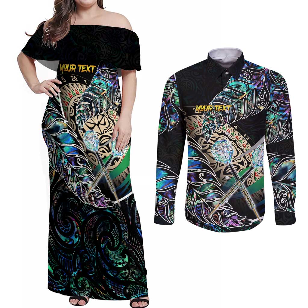 Personalised New Zealand Darts Couples Matching Off Shoulder Maxi Dress and Long Sleeve Button Shirt NZ Paua Shell Maori Fern