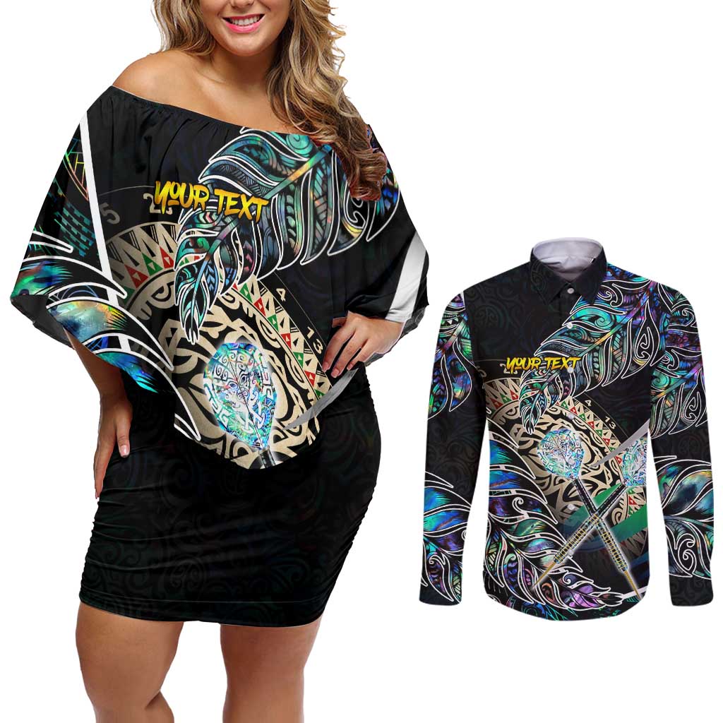 Personalised New Zealand Darts Couples Matching Off Shoulder Short Dress and Long Sleeve Button Shirt NZ Paua Shell Maori Fern
