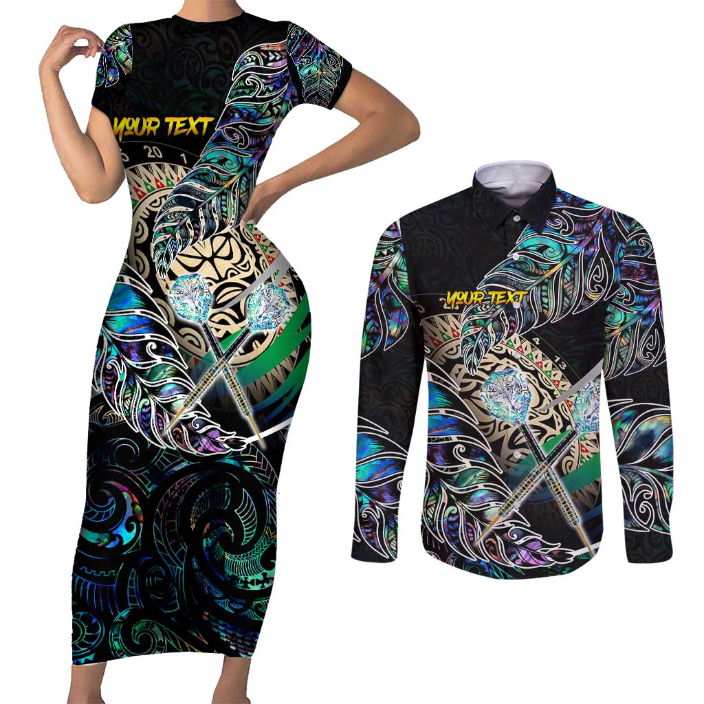 Personalised New Zealand Darts Couples Matching Short Sleeve Bodycon Dress and Long Sleeve Button Shirt NZ Paua Shell Maori Fern