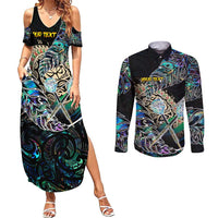 Personalised New Zealand Darts Couples Matching Summer Maxi Dress and Long Sleeve Button Shirt NZ Paua Shell Maori Fern