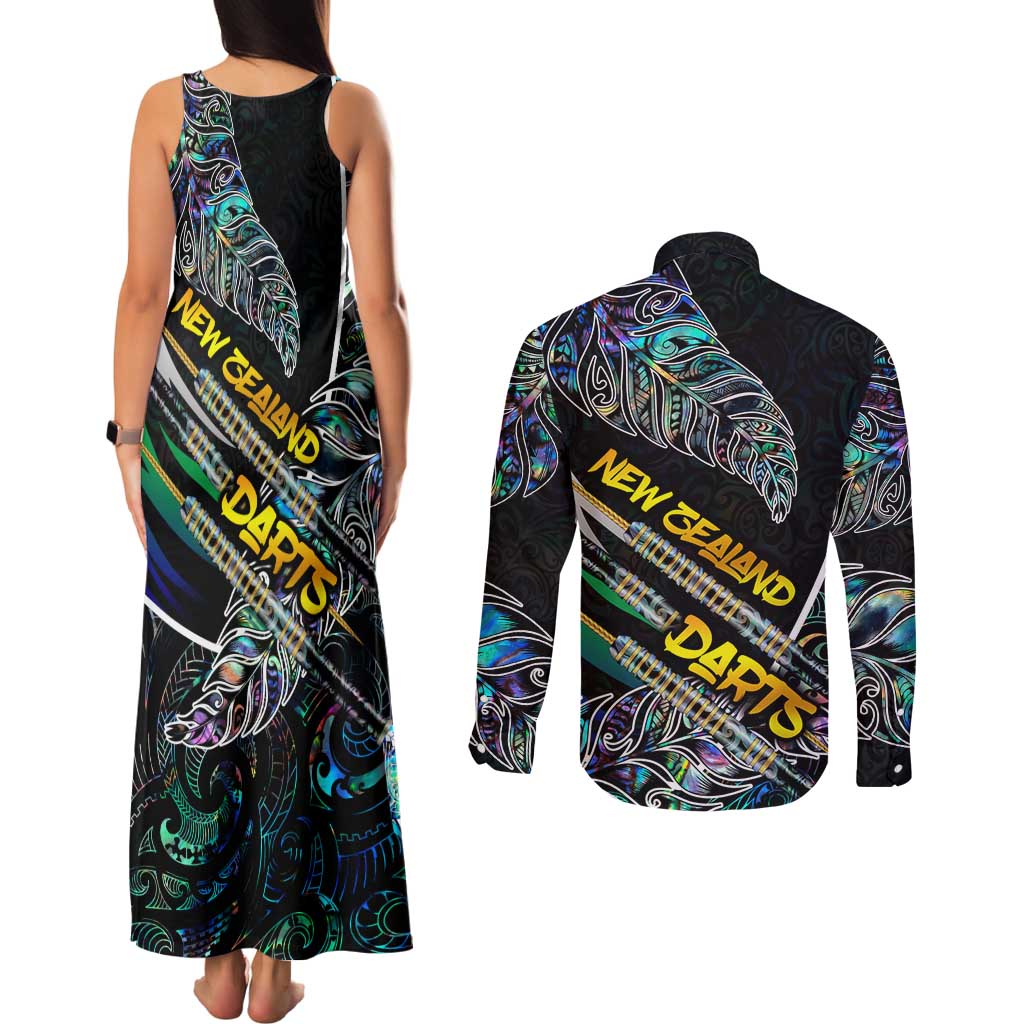 Personalised New Zealand Darts Couples Matching Tank Maxi Dress and Long Sleeve Button Shirt NZ Paua Shell Maori Fern