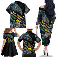 Personalised New Zealand Darts Family Matching Off The Shoulder Long Sleeve Dress and Hawaiian Shirt NZ Paua Shell Maori Fern