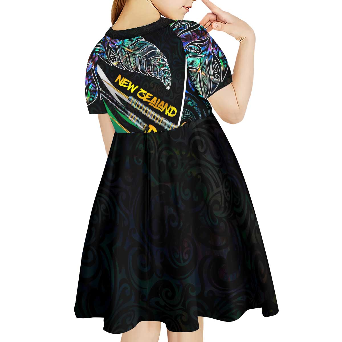 Personalised New Zealand Darts Kid Short Sleeve Dress NZ Paua Shell Maori Fern