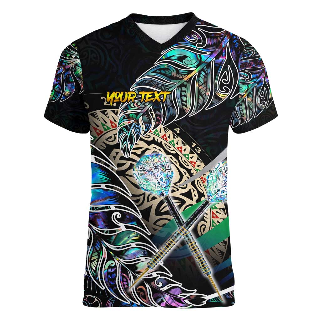 Personalised New Zealand Darts Women V-Neck T-Shirt NZ Paua Shell Maori Fern