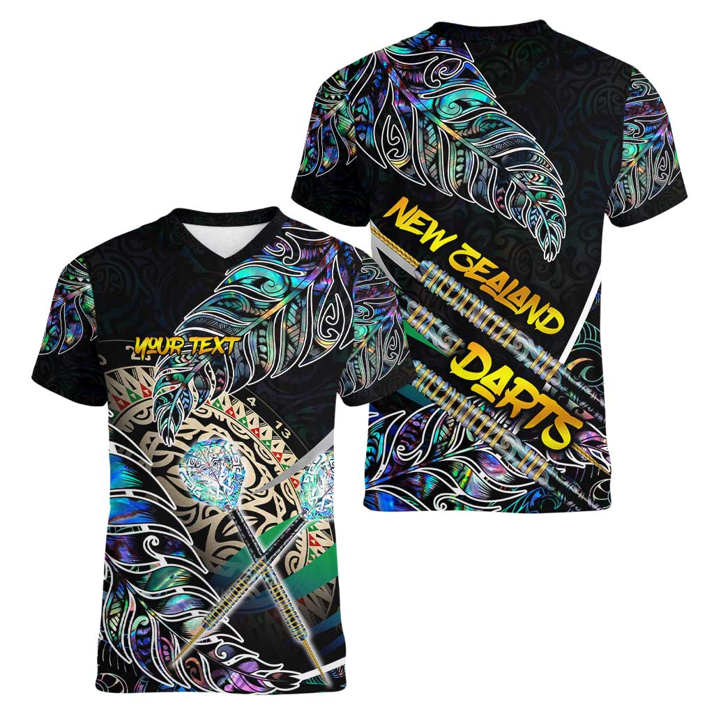 Personalised New Zealand Darts Women V-Neck T-Shirt NZ Paua Shell Maori Fern