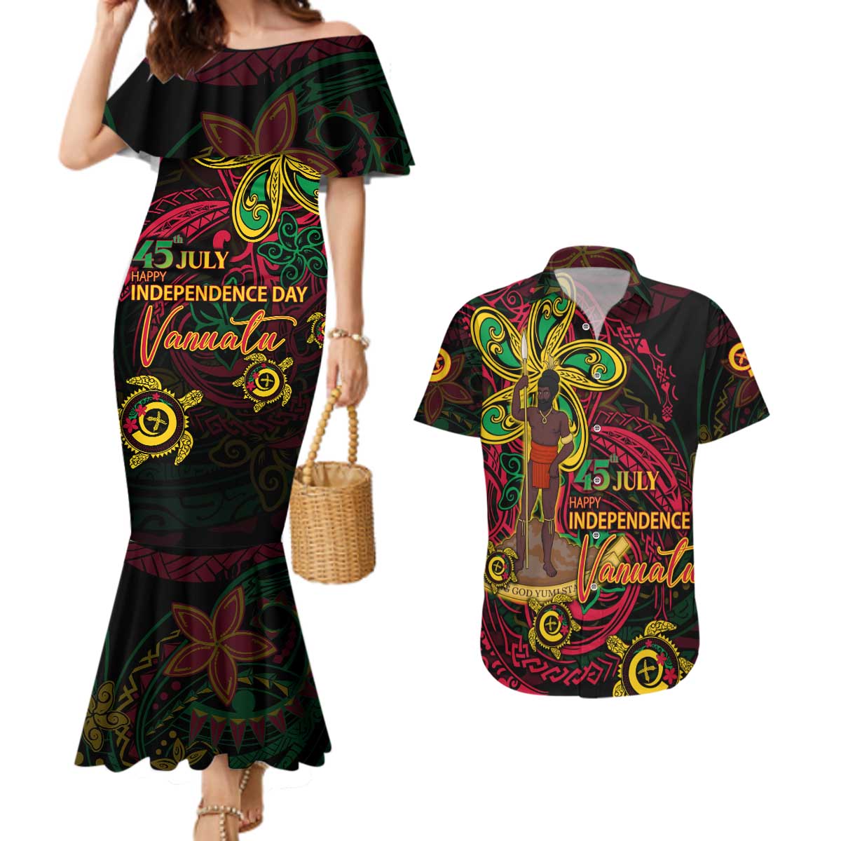 Custom Vanuatu 45th Independence Anniversary Couples Matching Mermaid Dress and Hawaiian Shirt Flower Melanesian Namele Turtle - Polynesian Pride