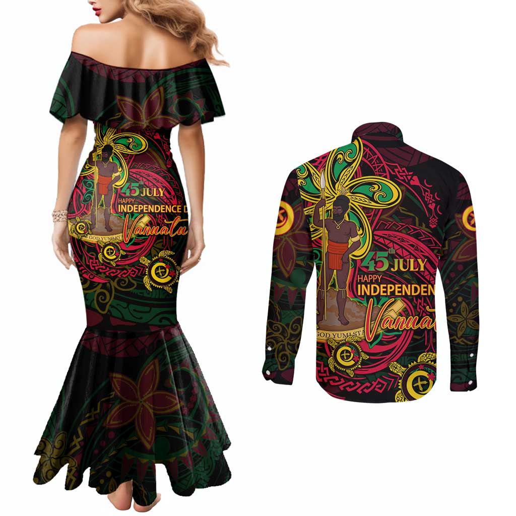 Custom Vanuatu 45th Independence Anniversary Couples Matching Mermaid Dress and Long Sleeve Button Shirt Flower Melanesian Namele Turtle - Polynesian Pride