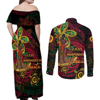 Custom Vanuatu 45th Independence Anniversary Couples Matching Off Shoulder Maxi Dress and Long Sleeve Button Shirt Flower Melanesian Namele Turtle - Polynesian Pride