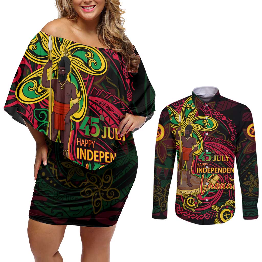 Custom Vanuatu 45th Independence Anniversary Couples Matching Off Shoulder Short Dress and Long Sleeve Button Shirt Flower Melanesian Namele Turtle - Polynesian Pride