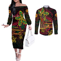 Custom Vanuatu 45th Independence Anniversary Couples Matching Off The Shoulder Long Sleeve Dress and Long Sleeve Button Shirt Flower Melanesian Namele Turtle - Polynesian Pride