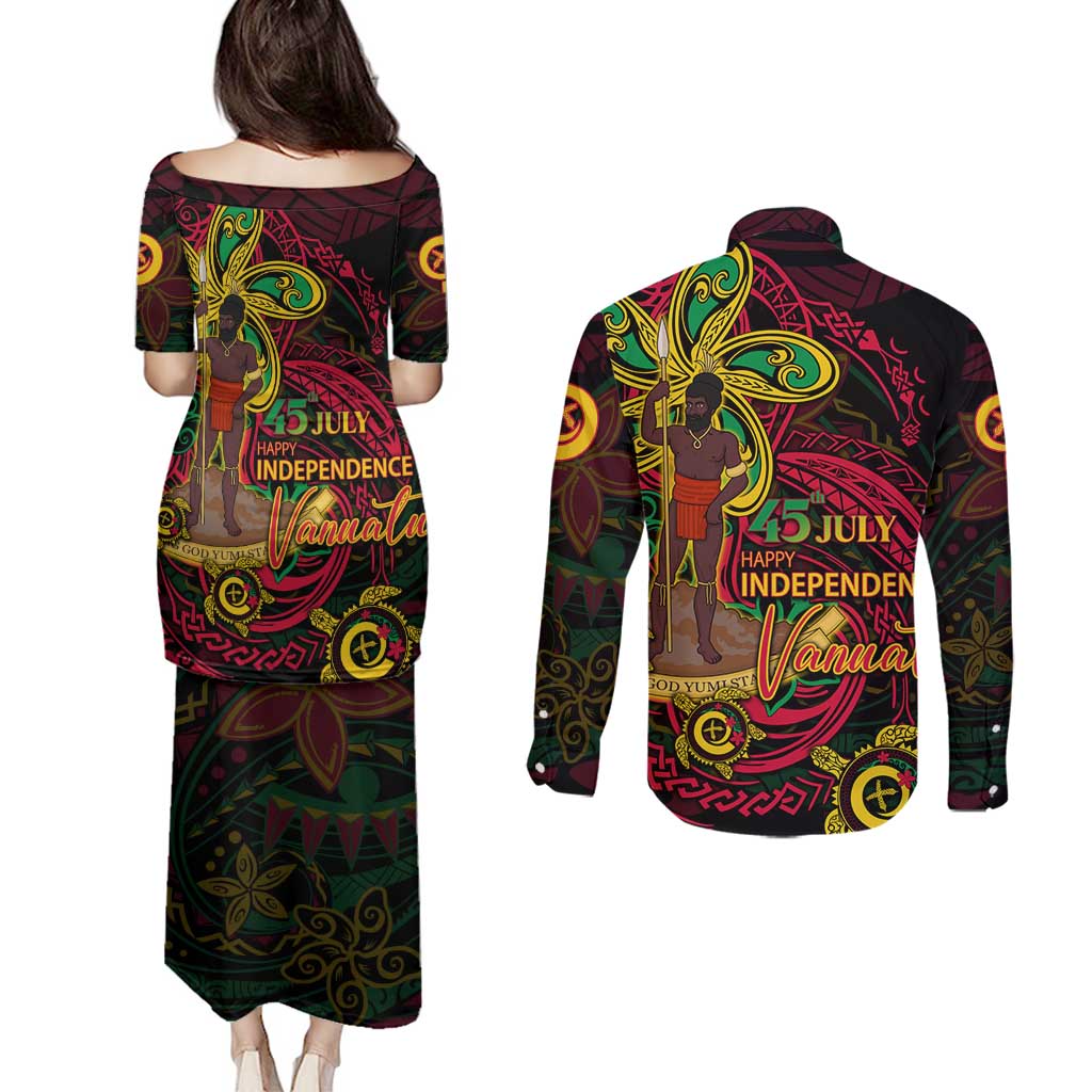 Custom Vanuatu 45th Independence Anniversary Couples Matching Puletasi and Long Sleeve Button Shirt Flower Melanesian Namele Turtle - Polynesian Pride