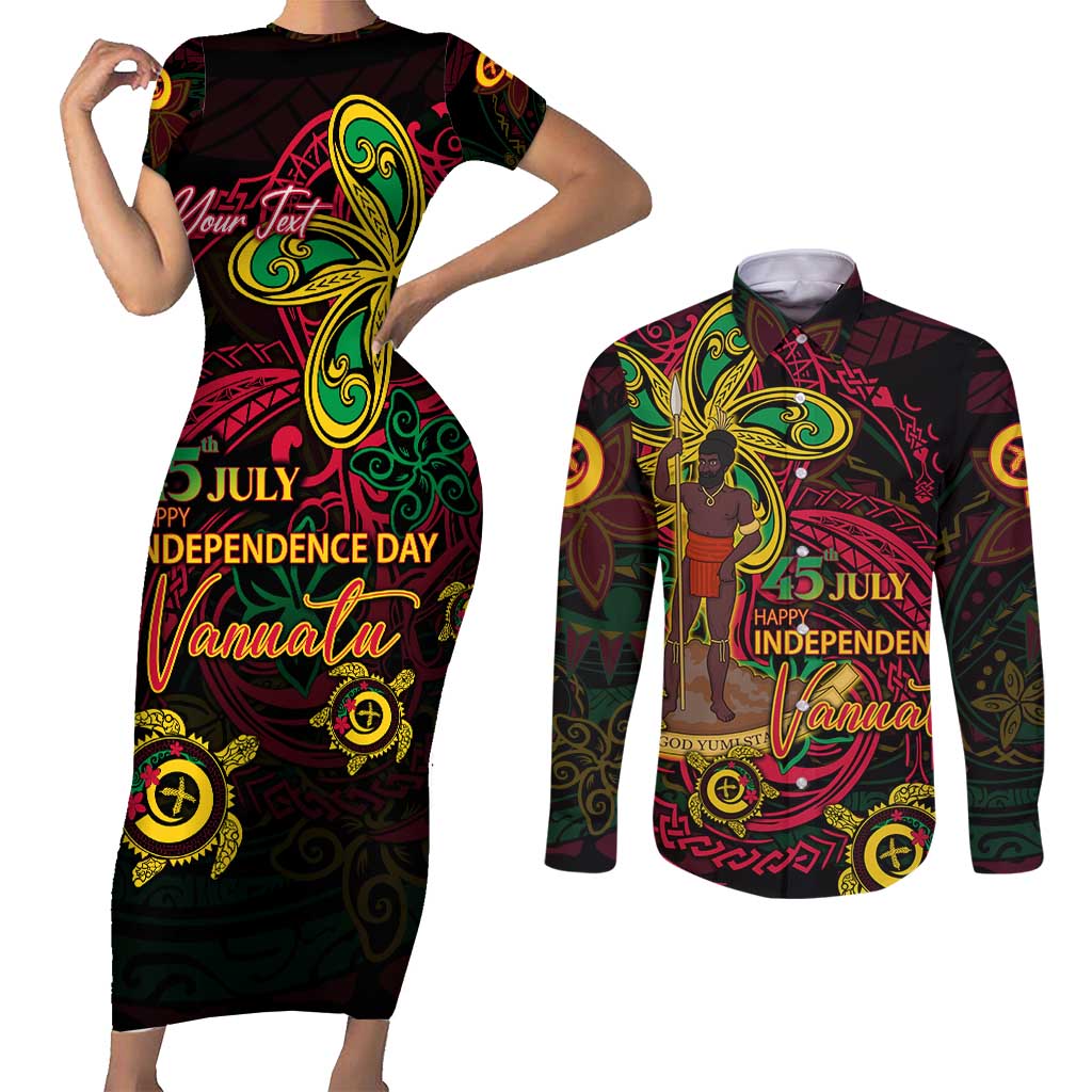 Custom Vanuatu 45th Independence Anniversary Couples Matching Short Sleeve Bodycon Dress and Long Sleeve Button Shirt Flower Melanesian Namele Turtle - Polynesian Pride