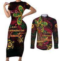 Custom Vanuatu 45th Independence Anniversary Couples Matching Short Sleeve Bodycon Dress and Long Sleeve Button Shirt Flower Melanesian Namele Turtle - Polynesian Pride