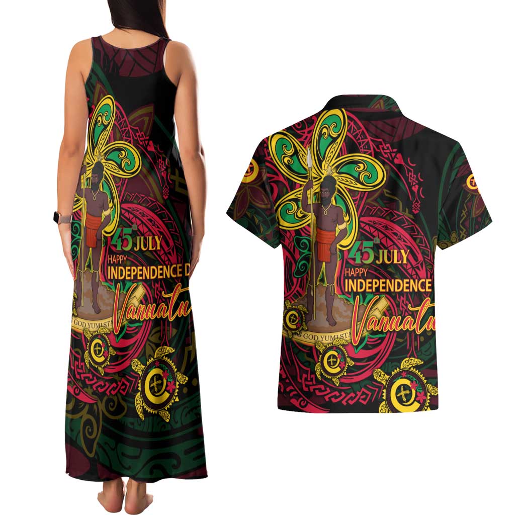 Custom Vanuatu 45th Independence Anniversary Couples Matching Tank Maxi Dress and Hawaiian Shirt Flower Melanesian Namele Turtle - Polynesian Pride