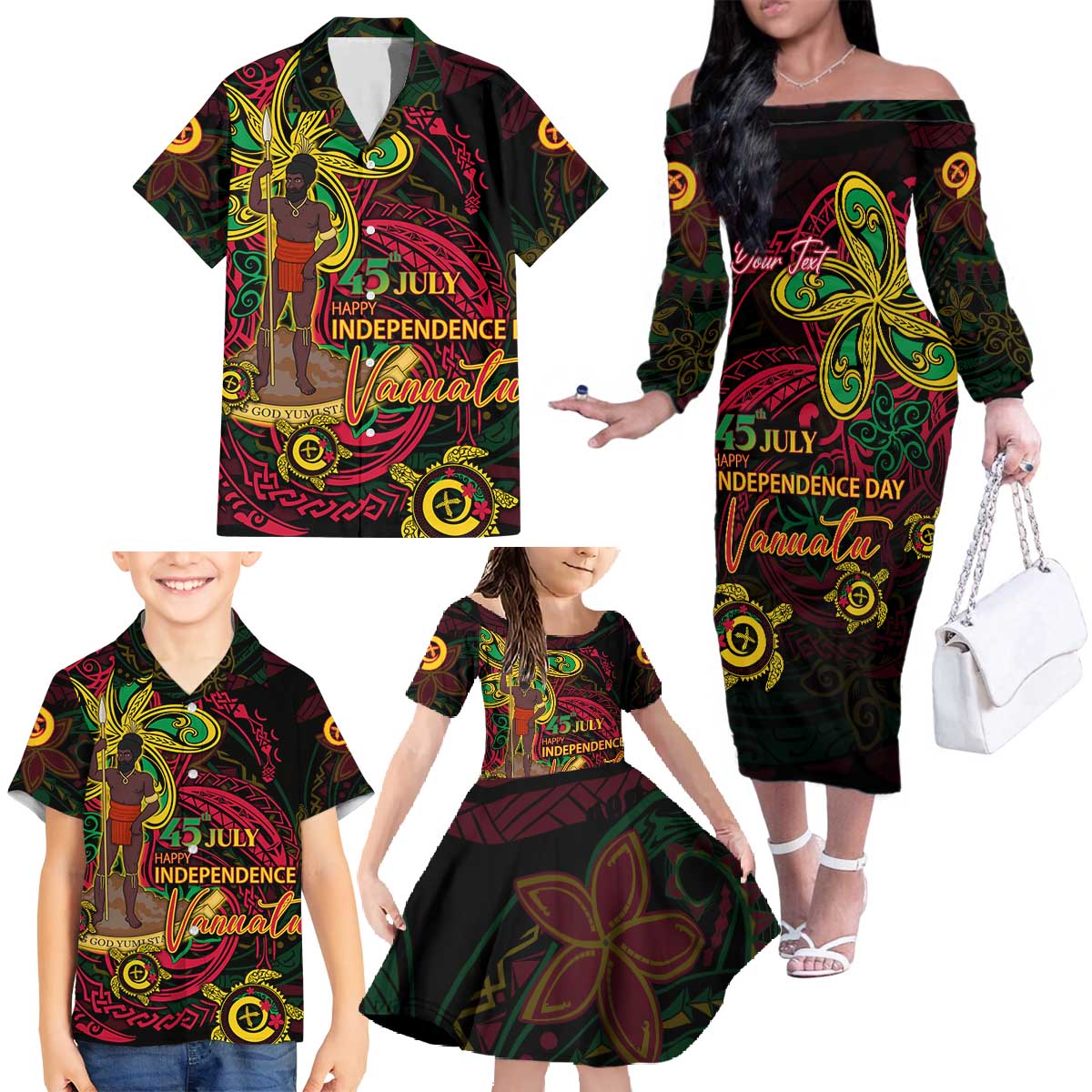 Custom Vanuatu 45th Independence Anniversary Family Matching Off The Shoulder Long Sleeve Dress and Hawaiian Shirt Flower Melanesian Namele Turtle - Polynesian Pride