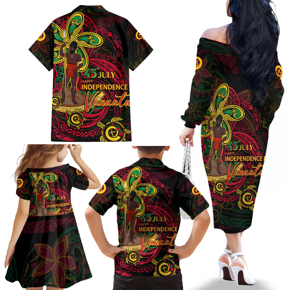 Custom Vanuatu 45th Independence Anniversary Family Matching Off The Shoulder Long Sleeve Dress and Hawaiian Shirt Flower Melanesian Namele Turtle - Polynesian Pride