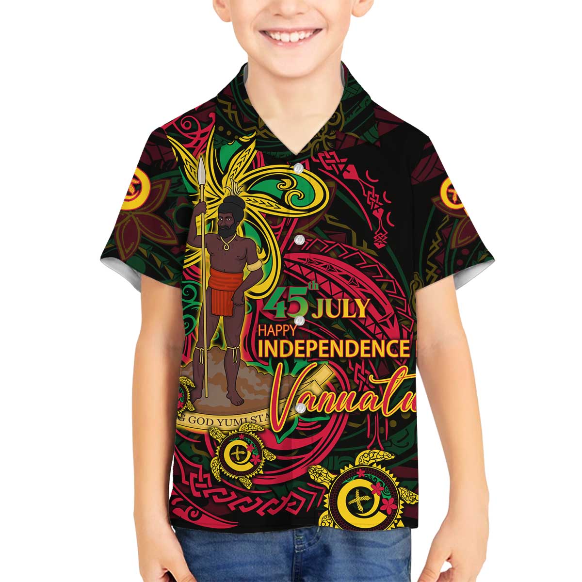 Custom Vanuatu 45th Independence Anniversary Family Matching Off The Shoulder Long Sleeve Dress and Hawaiian Shirt Flower Melanesian Namele Turtle - Polynesian Pride