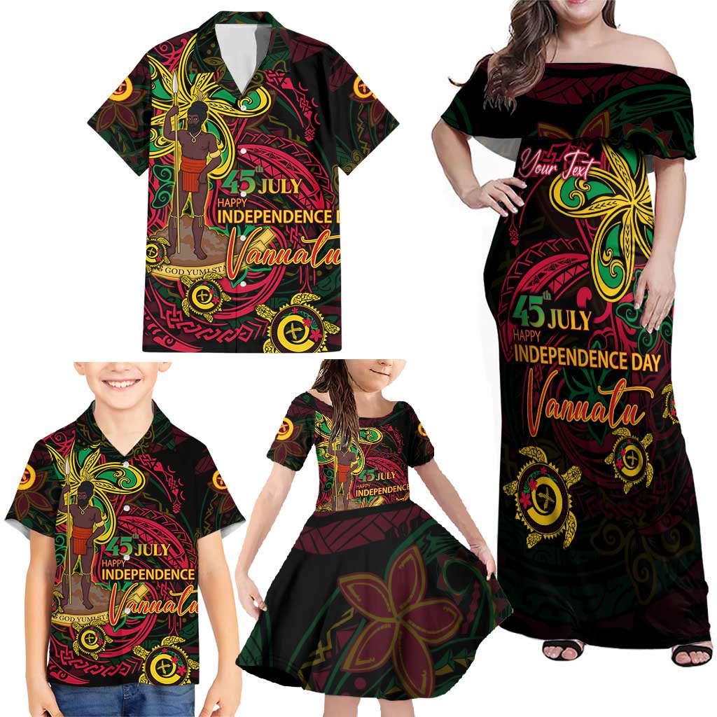 Custom Vanuatu 45th Independence Anniversary Family Matching Off Shoulder Maxi Dress and Hawaiian Shirt Flower Melanesian Namele Turtle - Polynesian Pride