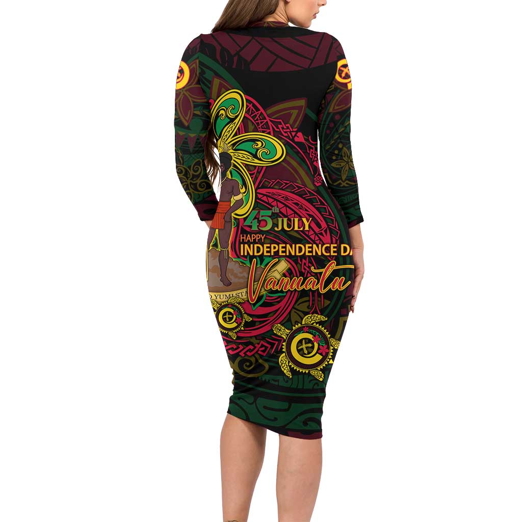 Custom Vanuatu 45th Independence Anniversary Long Sleeve Bodycon Dress Flower Melanesian Namele Turtle - Polynesian Pride