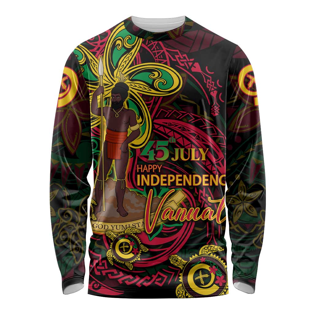 Custom Vanuatu 45th Independence Anniversary Long Sleeve Shirt Flower Melanesian Namele Turtle DT02 Unisex Black - Polynesian Pride