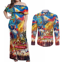 Custom The Philippines 126th Independence Anniversary Couples Matching Off Shoulder Maxi Dress and Long Sleeve Button Shirt Art Style - Polynesian Pride