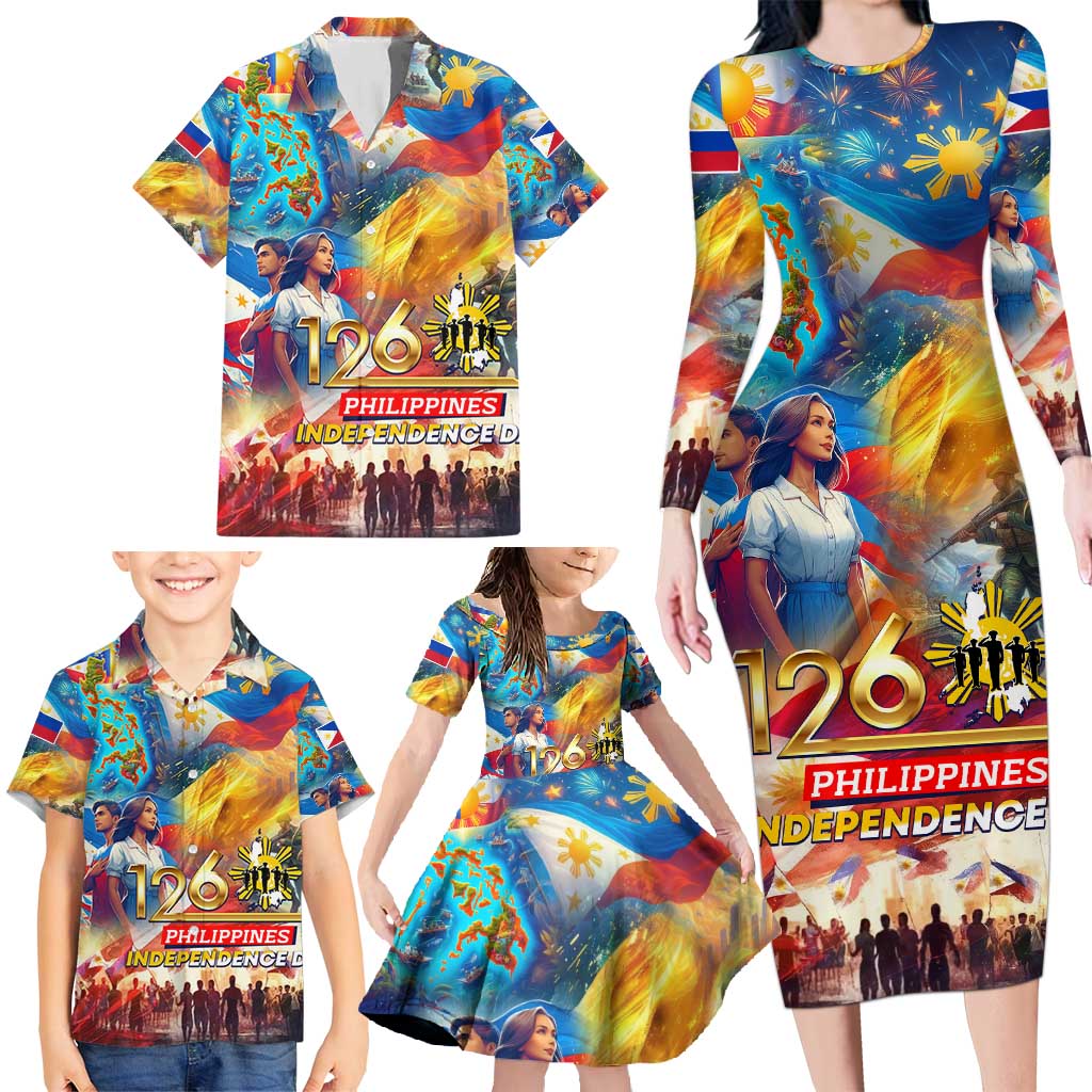 Custom The Philippines 126th Independence Anniversary Family Matching Long Sleeve Bodycon Dress and Hawaiian Shirt Art Style - Polynesian Pride