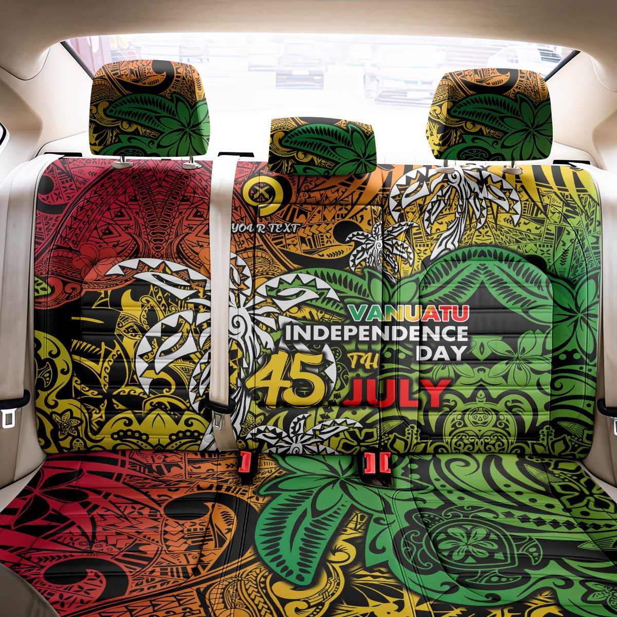 Personalized Vanuatu 45th Independence Anniversary Back Car Seat Cover Melanesian Pattern Reggae - Polynesian Pride