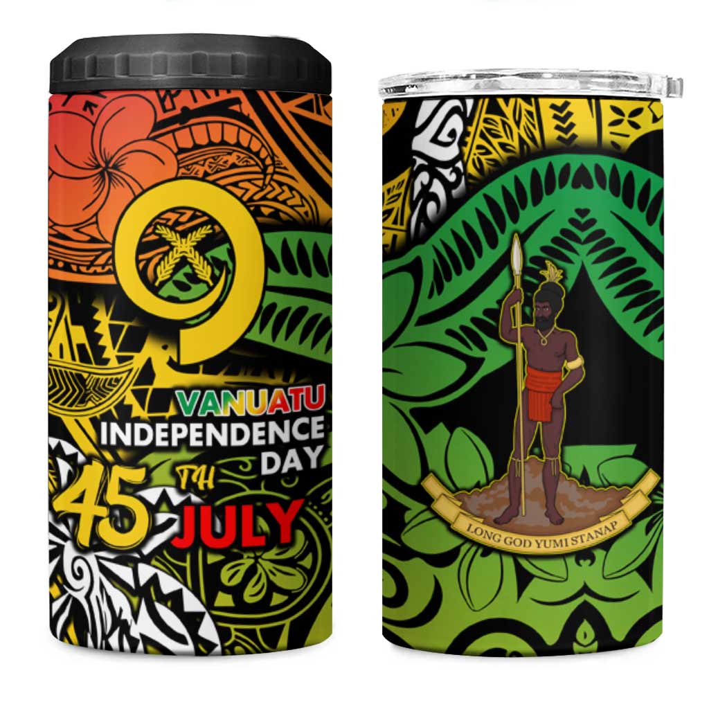 Vanuatu 45th Independence Anniversary 4 in 1 Can Cooler Tumbler Melanesian Pattern Reggae - Polynesian Pride