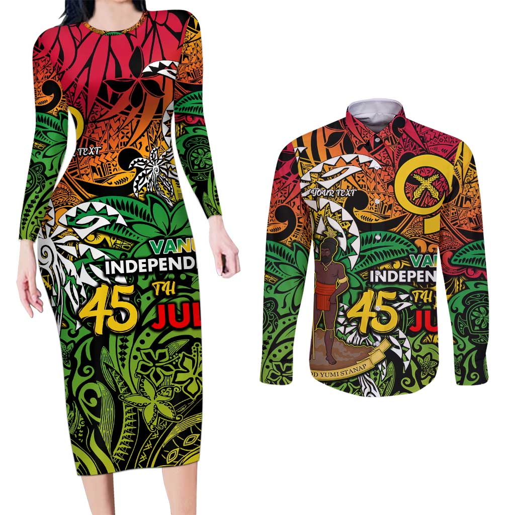 Personalized Vanuatu 45th Independence Anniversary Couples Matching Long Sleeve Bodycon Dress and Long Sleeve Button Shirt Melanesian Pattern Reggae - Polynesian Pride