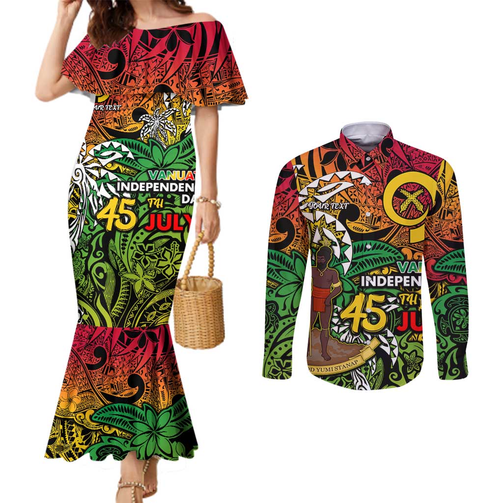 Personalized Vanuatu 45th Independence Anniversary Couples Matching Mermaid Dress and Long Sleeve Button Shirt Melanesian Pattern Reggae - Polynesian Pride