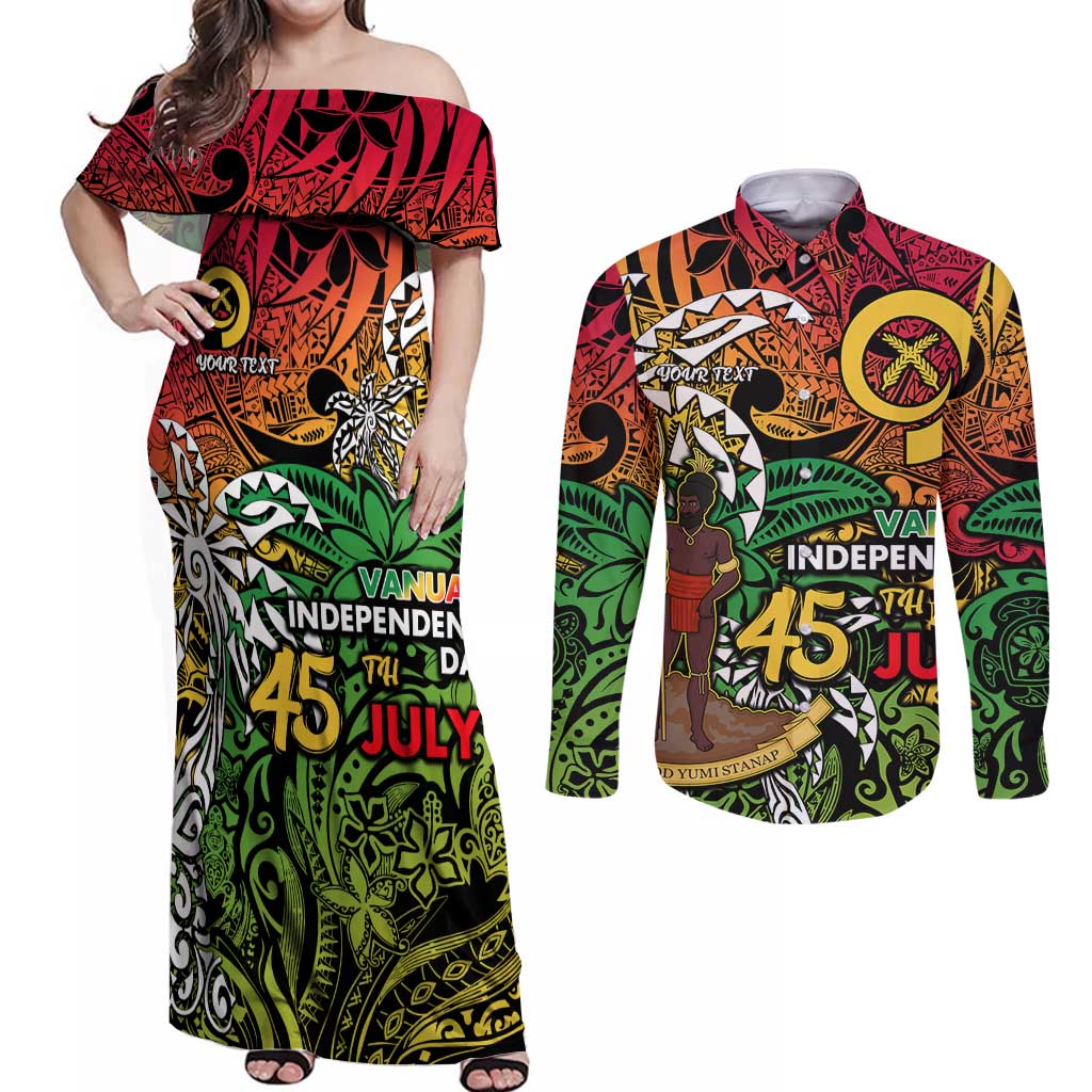 Personalized Vanuatu 45th Independence Anniversary Couples Matching Off Shoulder Maxi Dress and Long Sleeve Button Shirt Melanesian Pattern Reggae - Polynesian Pride