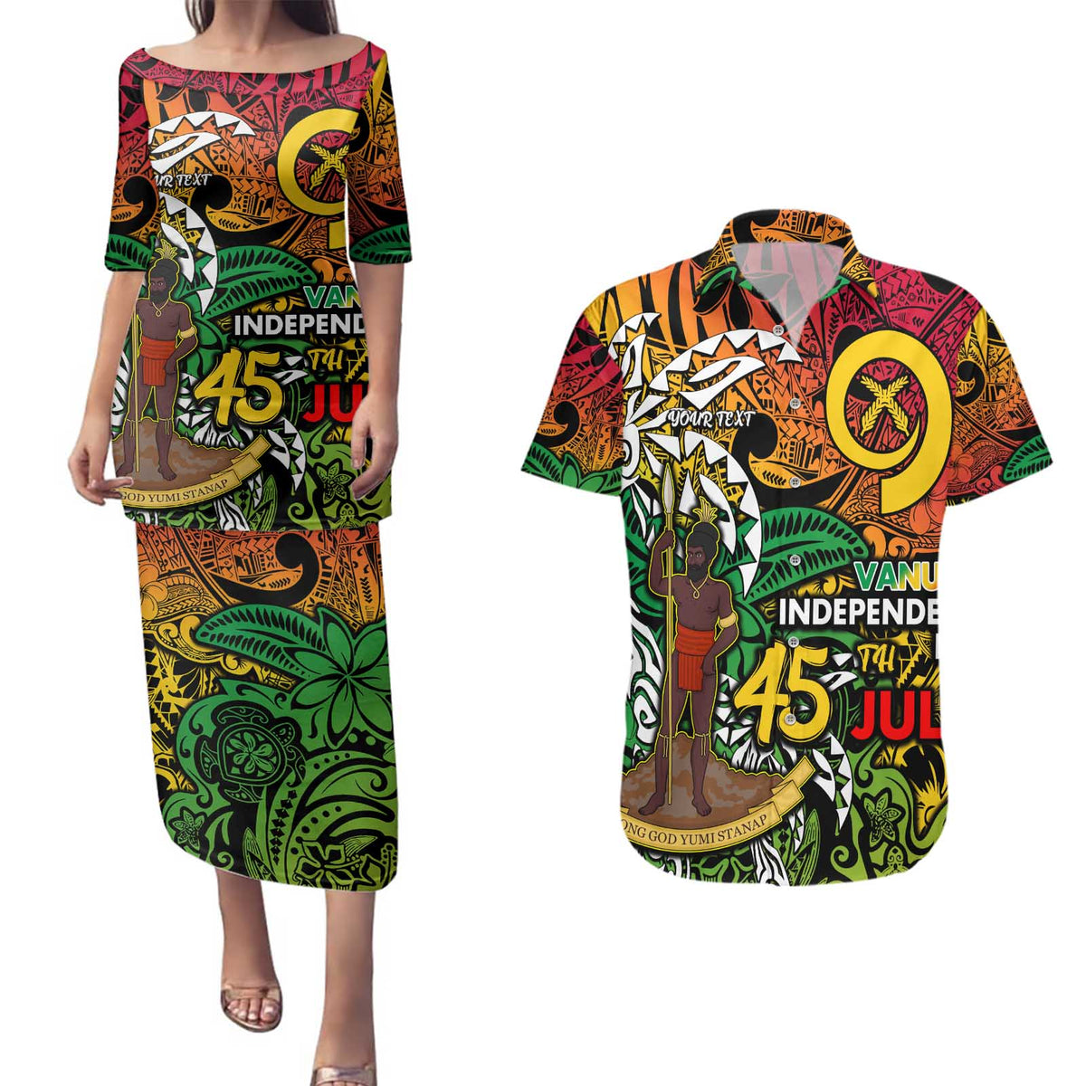 Personalized Vanuatu 45th Independence Anniversary Couples Matching Puletasi and Hawaiian Shirt Melanesian Pattern Reggae - Polynesian Pride