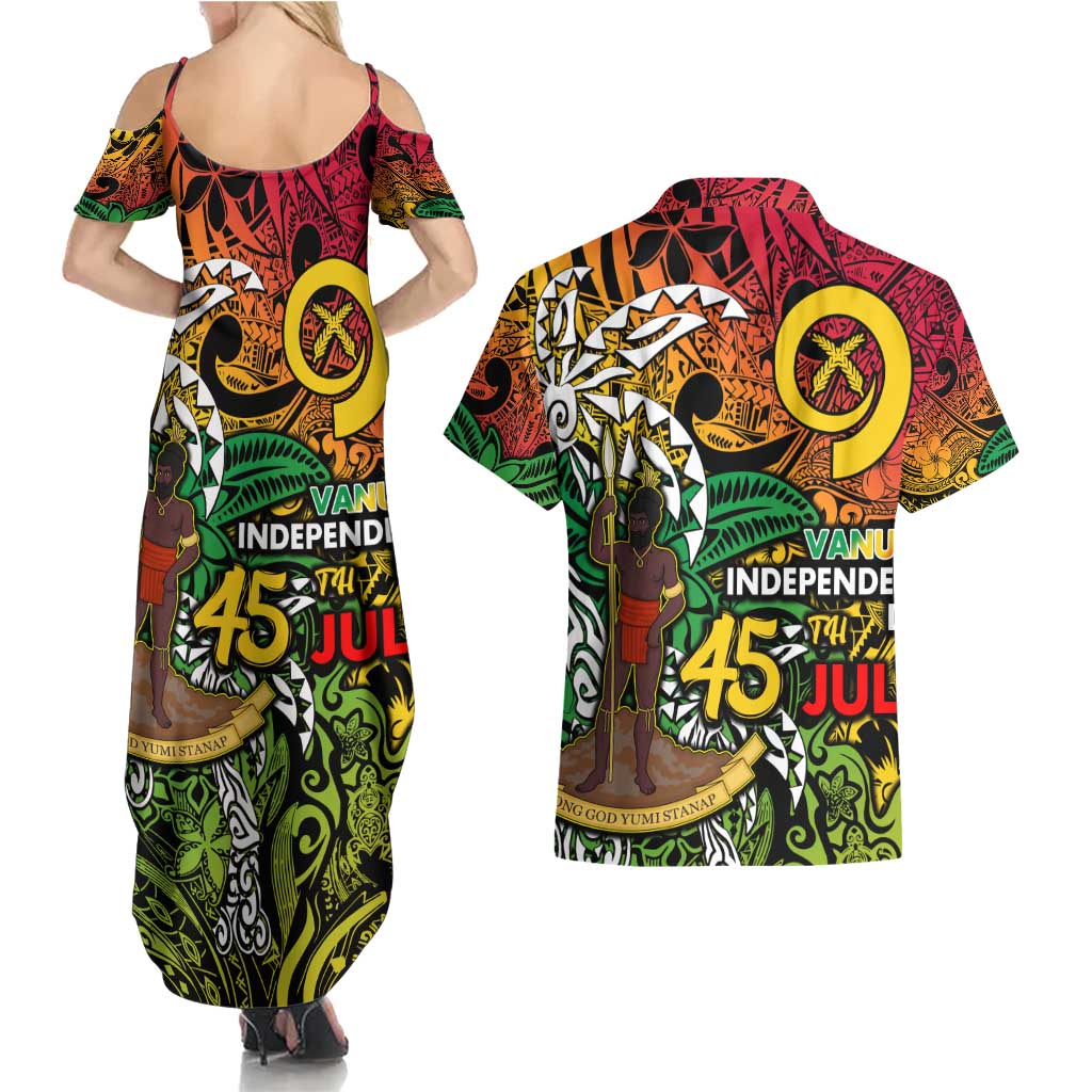 Personalized Vanuatu 45th Independence Anniversary Couples Matching Summer Maxi Dress and Hawaiian Shirt Melanesian Pattern Reggae - Polynesian Pride