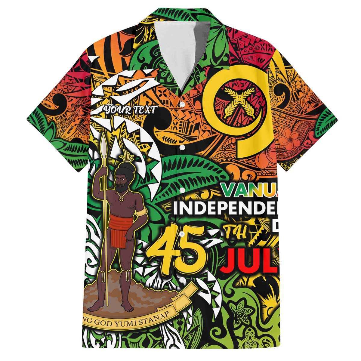 Personalized Vanuatu 45th Independence Anniversary Family Matching Off The Shoulder Long Sleeve Dress and Hawaiian Shirt Melanesian Pattern Reggae - Polynesian Pride
