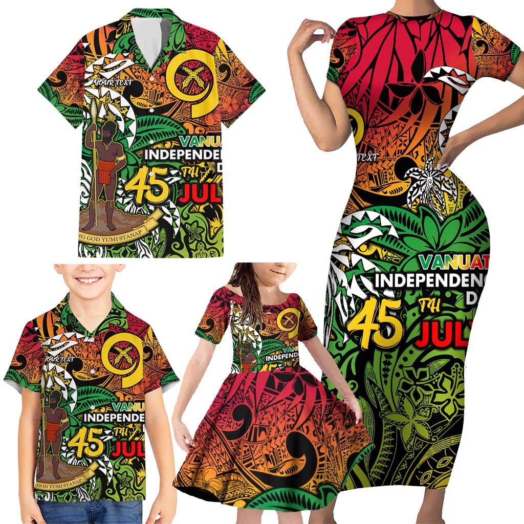 Personalized Vanuatu 45th Independence Anniversary Family Matching Short Sleeve Bodycon Dress and Hawaiian Shirt Melanesian Pattern Reggae - Polynesian Pride