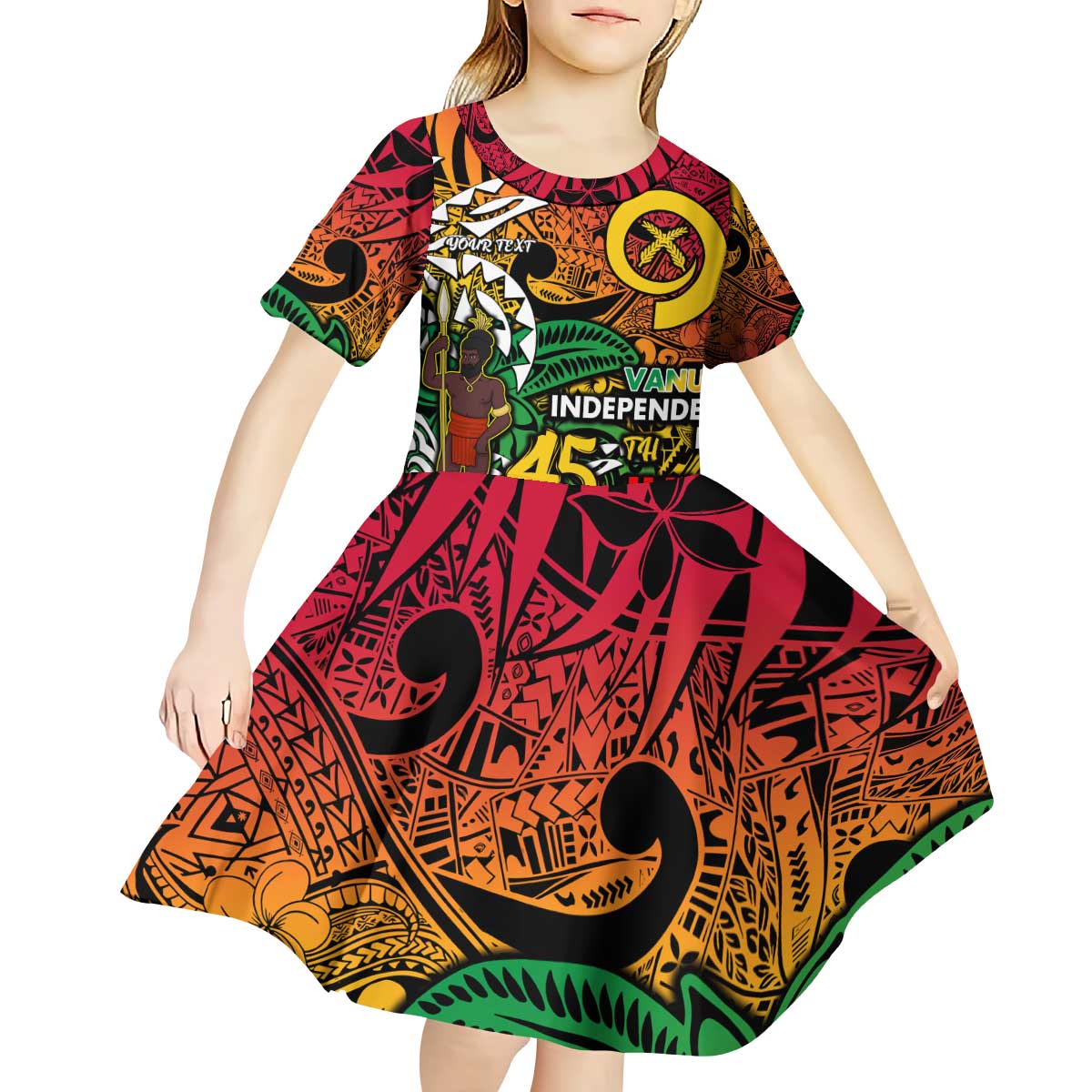 Personalized Vanuatu 45th Independence Anniversary Kid Short Sleeve Dress Melanesian Pattern Reggae - Polynesian Pride