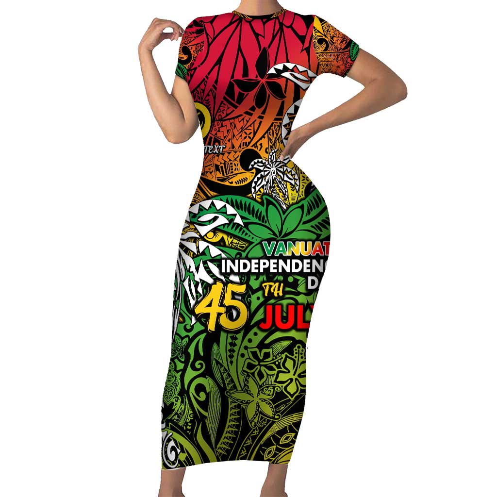 Personalized Vanuatu 45th Independence Anniversary Short Sleeve Bodycon Dress Melanesian Pattern Reggae - Polynesian Pride