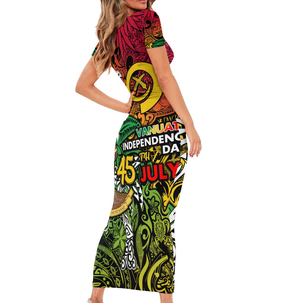Personalized Vanuatu 45th Independence Anniversary Short Sleeve Bodycon Dress Melanesian Pattern Reggae DT02 - Polynesian Pride
