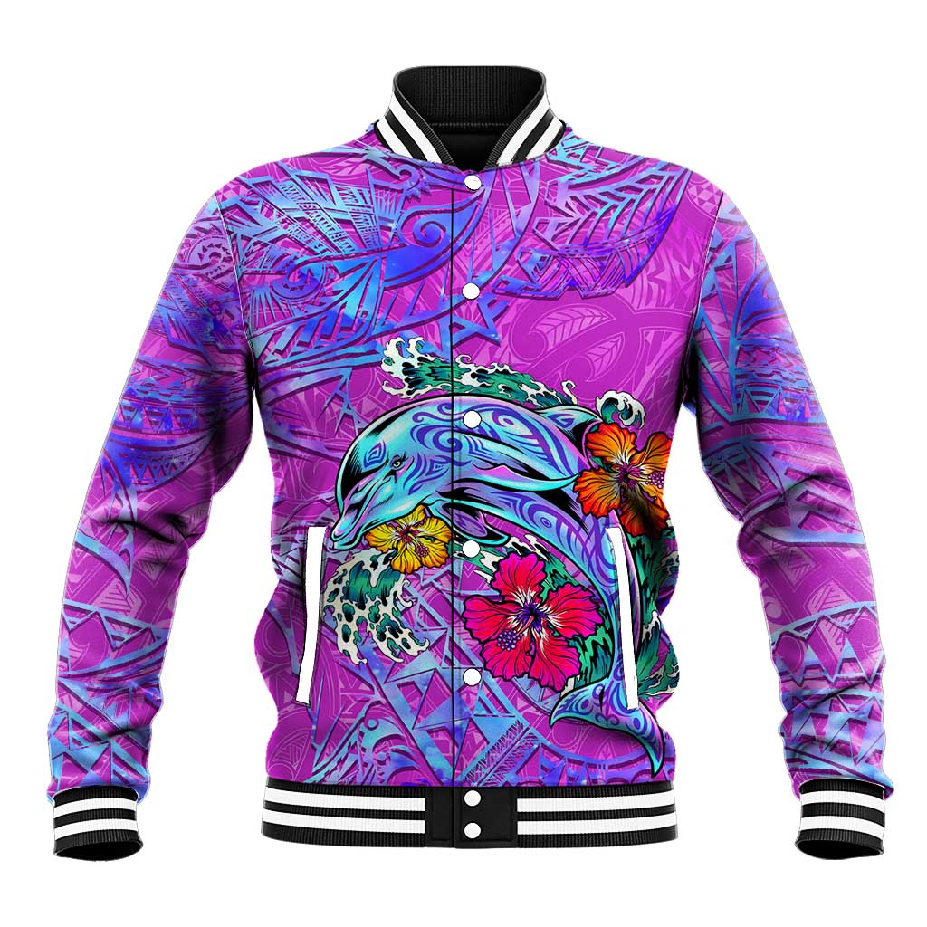 Dolphin Polynesia Baseball Jacket Hibiscus Tropical Wave - Purple Vibes DT02 Unisex Purple - Polynesian Pride