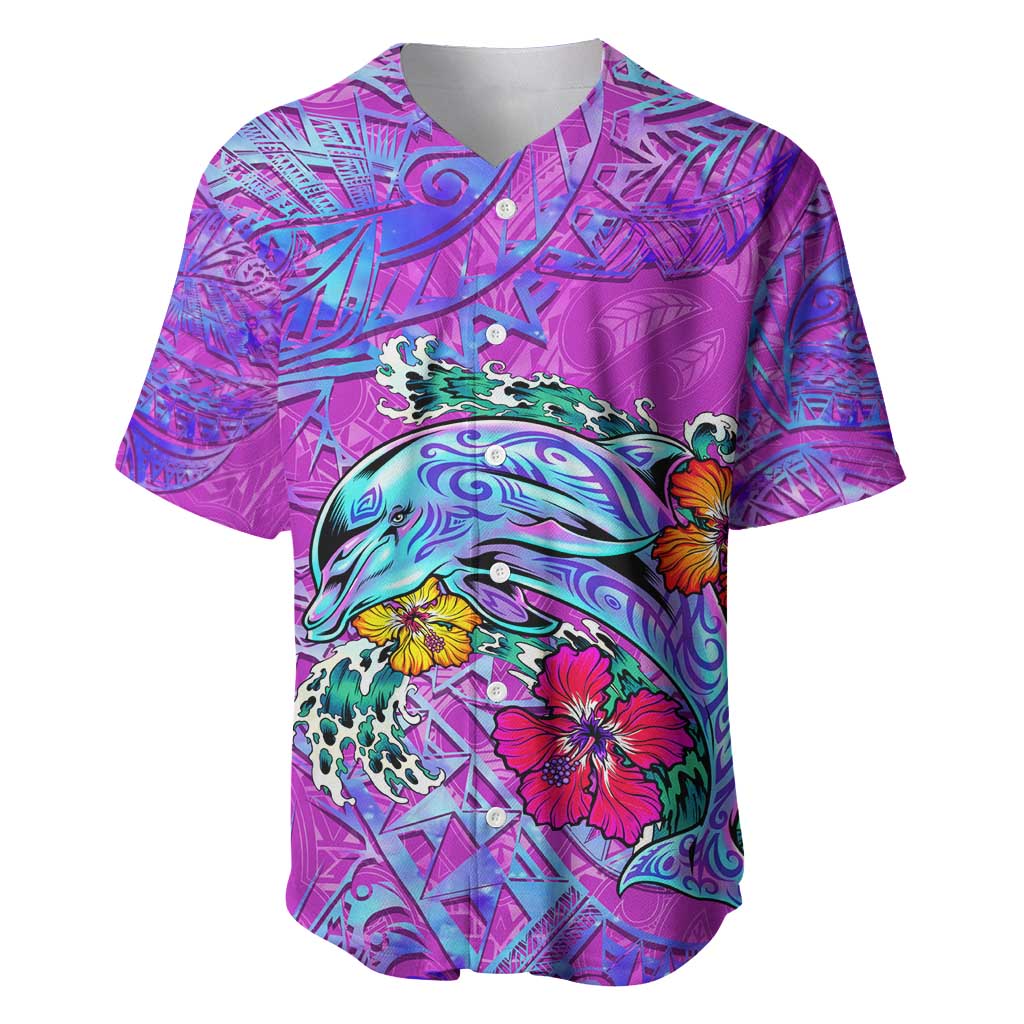 Dolphin Polynesia Baseball Jersey Hibiscus Tropical Wave - Purple Vibes DT02 Purple - Polynesian Pride