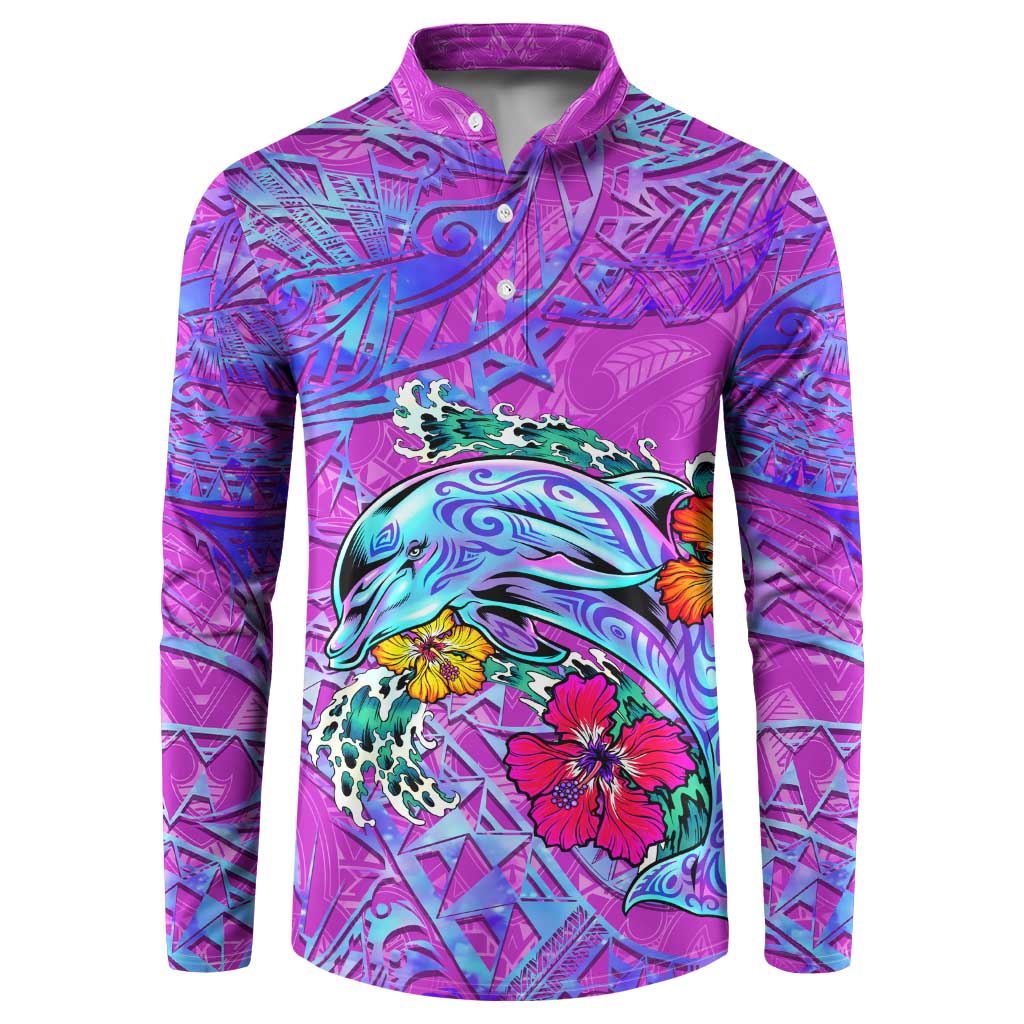 Dolphin Polynesia Button Sweatshirt Hibiscus Tropical Wave - Purple Vibes DT02 Purple - Polynesian Pride