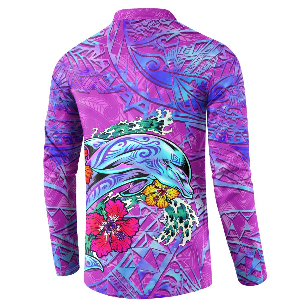 Dolphin Polynesia Button Sweatshirt Hibiscus Tropical Wave - Purple Vibes DT02 - Polynesian Pride
